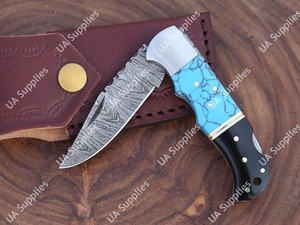 Custom Made OEM ODM Support Damascus Steel Folding Pocket <b>Knife</b> Turquoise Gemstone Handle Drop Point Industrial Grade 7.5 <b>Knife</b> - Product Image 6