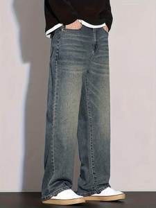 Jeans de Mezclilla para Hombre, Diseño Nuevo, Corte Holgado y Recto, Pierna Ancha, Cintura Media, Transpirables, de Algodón, Spandex y Poliéster - Product Image 4