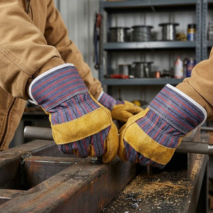 Guantes de Trabajo de Cuero Vacuno de Primera Calidad con Dorso de Algodón a Rayas y Puño de Seguridad para Uso Industrial y de Construcción Pesada - Product Image 3