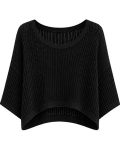 Pull court tricoté noir pour femme, coupe ample, manches courtes, léger et respirant, idéal pour l'été, style décontracté et tendance - Product Image 2