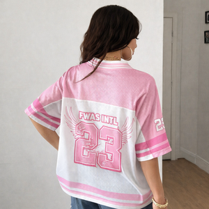 Custom Pink New Jersey T-<b>Shirts</b> Women Hip Hop Number Graphics Print Oversized V Neck Mesh Tops American Football Jersey OEM - Product Image 3