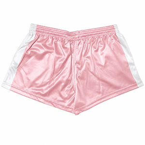 Shorts en satin rose pour homme avec empiècements latéraux blancs, cordon de serrage, taille élastique, décontracté, respirant, séchage rapide, personnalisable, pour le sport, la gym et l'extérieur - Product Image 1