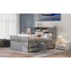 Full-Size Gray Captain Platform Bed Frame with Storage <b>Bookcases</b> & Shelves 4 Drawers-<b>Wooden</b> Beds - Product Image 6