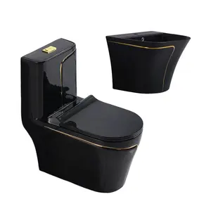 Luxury Modern Bathroom Floor Mount Sanitary Ware WC Commode Toilet Bowl One Piece Ceramic Black Toilet & Sink with Gold Line