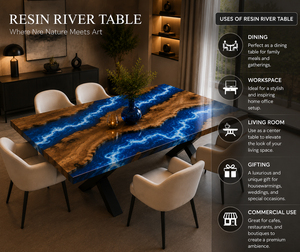 Table de salle à manger en résine bleu océan sur mesure, table de salle à manger en noyer avec bord naturel, mobilier en bois moderne, planche de cuisine de luxe - Product Image 6