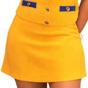 Sigma Gamma Rho <b>Knit</b> Skirt <b>Set</b> Women Yellow Two Piece Outfit Button Top Mini Skirt Greek Sorority Casual Style - Product Image 6