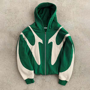 Sweat à capuche pour homme personnalisé 100% coton vintage, fermeture éclair intégrale rétro, logo brodé, style hip-hop, design patchwork - Product Image 3