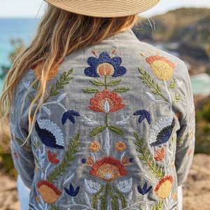 Chaqueta de Algodón con Bordado Floral para Mujer, Cuello Mandarín, Manga Larga, Estilo Prairie Chic de Primavera, Largo Regular, Tejido Transpirable - Product Image 4