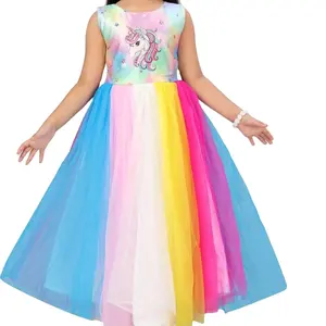 Best Quality Unicorn Print Long Floor Length Multicolor Soft Net For Girls 3 Years To 15 Years Available Made In India