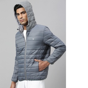 Veste matelassée à capuche grise pour homme, fermeture éclair sur le devant, couleur unie, coupe slim, coupe-vent, vêtement d'automne, rembourrage en polyester - Product Image 1