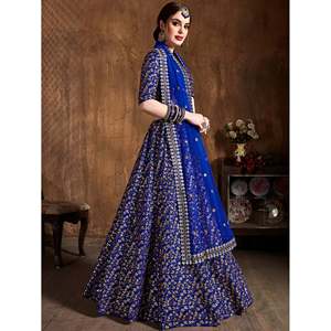 Elegante Lehenga Choli de Seda con Lentejuelas Azules para Bodas, Talla Grande - Product Image 1
