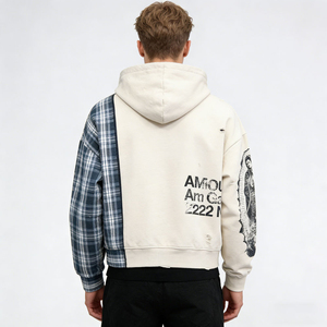 Sweat-shirt à capuche pour homme, patchwork à carreaux, surdimensionné, style streetwear, pull-over, tricoté, veste décontractée d'automne - Product Image 1