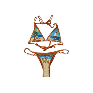 Women's Solid Brown Halter Neckline Two-Piece Bikini Set with Sea-Life Pattern Hand Embroidered Beading Women's Bikini Swimwear - Product Image 2