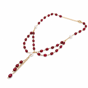 Custom Rhodium Plated <b>Necklace</b> Red <b>Ruby</b> Gemstone Beaded Dual Layer Lariat Pearl Tassel Drop Chain Fine Women Luxury Gift Jewelry - Product Image 2