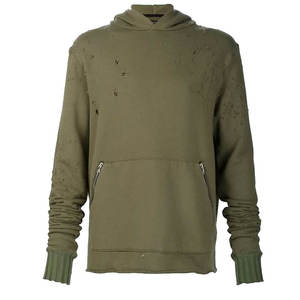 เสื้อฮู้ดโอเวอร์ไซส์สีเขียวมะกอกสำหรับผู้ชาย แต่งดีเทลขาดๆ พร้อมกระเป๋าซิป ผ้าฝ้ายถัก สไตล์ฤดูใบไม้ร่วง - Product Image 1