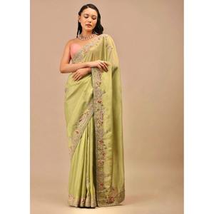 FANCY DIAMOND CHINON BORDADO CODIFICACIÓN MULTI HILO SECUENCIA TRABAJO SAREE CON BLUSA DESCOSTADA LORO VERDE - Product Image 1