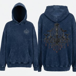 Sweat à capuche bleu marine délavé pour homme, avec impression graphique personnalisée Chandelier Bat, coupe ample et épaisse, style streetwear, fabricant - Product Image 1
