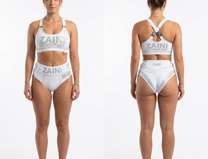 Conjunto de Bikini para Mujer, Nylon y Spandex Premium, Tela Elástica de 220 GSM, Paneles Blancos Recortados, Logotipo Personalizado con Pedrería, Cintura Alta - Product Image 1