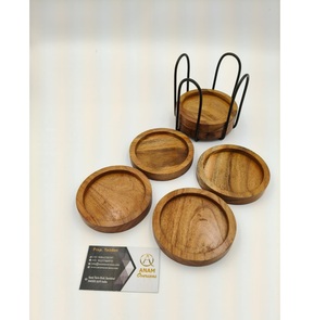 Ensemble de dessous-de-verre ronds en bois d'acacia naturel, design moderne, séchage rapide, avec support en métal pour table à manger - Product Image 4