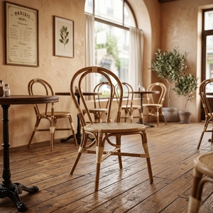New Modern Minimalist Bistro Dining <b>Chair</b> Teak Wood Frame Natural Rattan Side <b>Chair</b> French Cafe Restaurant Seating Loop Back - Product Image 4