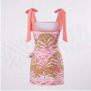 Traje de baño con estampado tropical para mujer, con tirantes cuadrados en el cuello y cintura con cordón ajustable - Product Image 2