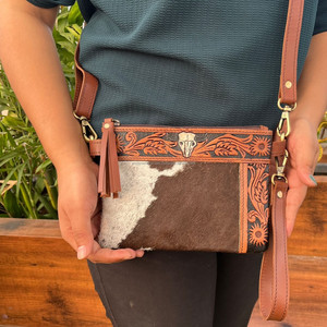 Mini bolso cruzado de mano de cuero con herramientas occidentales para mujer, bolso con borlas de herramientas de toro de cuero genuino, bolsos florales de piel de vaca - Product Image 2