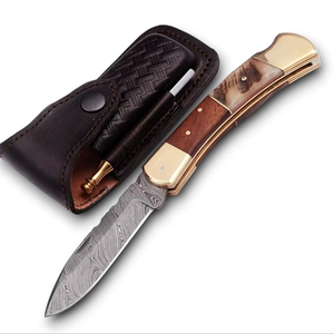 มีดพับสำหรับตั้งแคมป์และล่าสัตว์ ยี่ห้อ UA Supplies ด้ามไม้ทำจากเขาสัตว์ ใบมีดเหล็กดามัสกัสเกรดอุตสาหกรรม แบบ OEM ปลายมีดทรง Drop Point สำหรับพกพา EDC - Product Image 1