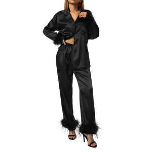 Nouvelle arrivée, élégante tenue de nuit longue pour femmes, pyjama personnalisé en usine avec fourrure noire, pyjama noir - Product Image 3