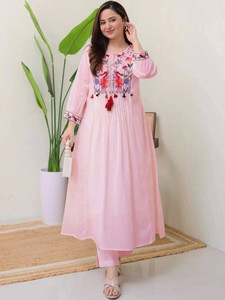 Robe décontractée traditionnelle rose en coton brodé pour femme, longueur genou, séchage rapide, style Inde Pakistan, coupe régulière, été - Product Image 1