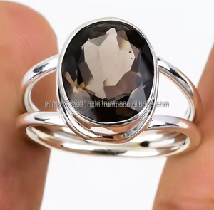 Natural Smoky <b>Quartz</b> <b>Ring</b> Rhodium Plated Sterling Silver Statement Gemstone Jewelry Faceted <b>Quartz</b> Healing Crystal Gift for Her - Product Image 2