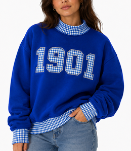 Sweat-shirt pour femme, bleu royal, avec logo appliqué sur le devant, motif à carreaux 1901, 200g, col rond, coupe classique, pull-over, vêtements décontractés d'automne - Product Image 5