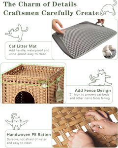 Luxury Modern Hidden Litter <b>Box</b> Mat Fence Handwoven Striped Rattan Square <b>Cat</b> <b>Bed</b> Two S-Shaped Hooks Living Room 18.5x20.5x19.1 - Product Image 3