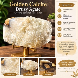 Calcite dorée, agate druzy, spécimen de pierre précieuse naturelle, cristal poli de forme libre, décoration d'intérieur, Feng Shui - Product Image 1