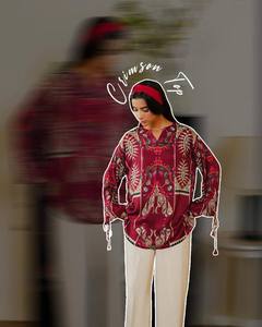 เสื้อท็อปพิมพ์ลายดิจิทัลปักลายสไตล์อินเดีย-ปากีสถาน สีแดงเข้ม ทรงปกติ ผ้าฝ้าย ใส่สบาย เหมาะกับทุกฤดู สำหรับผู้หญิง - Product Image 1