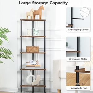 Estantería Esquinera de 5 Niveles con Estantes de Madera Maciza, Estructura Metálica, Estante para Exhibición de Plantas para Espacios Pequeños, Dormitorio, Sala de Estar - Product Image 5