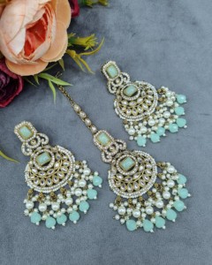 Conjunto de collar de piedra con corte radiante y pendientes a juego, y mangtika, chapado en oro antiguo, joyería étnica de moda al por mayor - Product Image 6