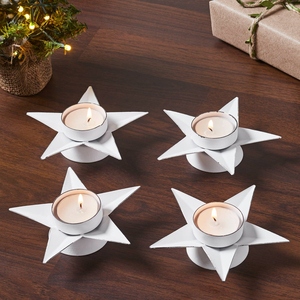 Charming White <b>Star</b>-Shaped Metal Tea <b>Light</b> Candle Holder Set Featuring A Distressed Finish For Festive Holiday Or Everyday Decor - Product Image 1