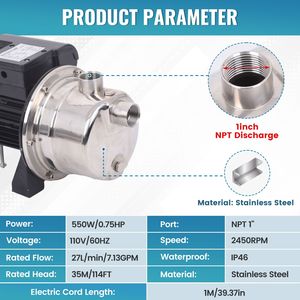 ปั๊มน้ำแบบเจ็ทสำหรับบ่อน้ำตื้น 3/4 แรงม้า 110V 60Hz ระยะส่งน้ำ 114 ฟุต ทำจากสแตนเลส สำหรับรดน้ำสนามหญ้าบ้านและระบายน้ำ - Product Image 2