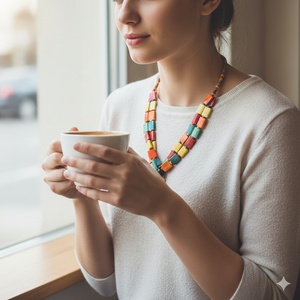 สร้อยคอทำมือจากกระดูกควายสามเส้น ดีไซน์ได้รับแรงบันดาลใจจากเวนิส พร้อมลวดลายเรขาคณิตสีสันสดใสและพู่ห้อยแสนเก๋ - Product Image 3