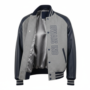 Veste varsity grise pour homme Owais Ind avec manches en cuir PU, logo brodé sur le devant, vêtement d'automne - Product Image 3