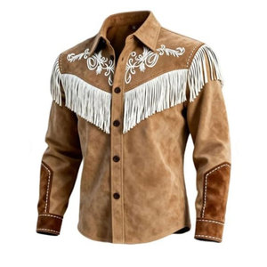 <b>Men's</b> <b>Suede</b> Western Shirt <b>Jacket</b> With White Fringe And Embroidery Turn-down Collar Regular Fit Winter Style - Product Image 3