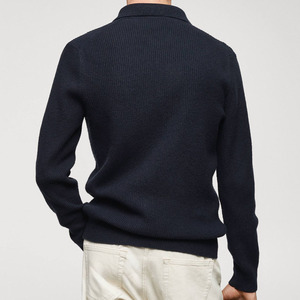 Polo en tricot à manches longues bleu marine pour homme, couleur unie, vêtement décontracté, 100% coton, anti-boulochage, coupe classique - Product Image 1