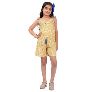 Combinaison jaune pour filles, imprimé numérique floral, bretelles spaghetti, sans manches, col rond, style short en coton respirant, sans poches - Product Image 1