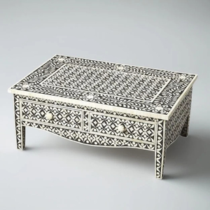 Table basse ronde en os de chameau fait main, design géométrique noir et blanc, table centrale de luxe avec base en laiton doré, vente chaude - Product Image 6