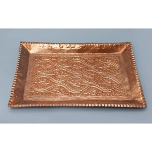 Plateau décoratif à finition martelée, fait main, en cuivre pur, rond, avec poignées, pour la maison, les restaurants et la décoration de mariage - Product Image 5