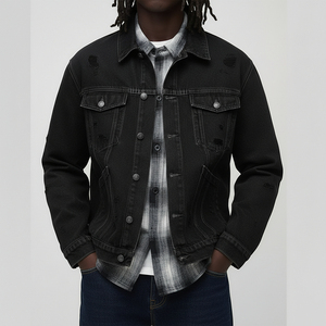 High Quality Ripped Single Button Closure Light Washed Bottom Hem <b>Denim</b> <b>Jacket</b> Turn Collar Long Front Winter Vintage Wool Men - Product Image 1