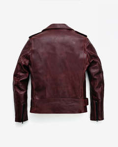 Veste moto slim en cuir véritable bordeaux pour homme, fermeture éclair, col rabattu, couleur unie, respirante, hiver - Product Image 2