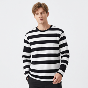 Camiseta de Manga Larga a Rayas para Hombre, Cuello Redondo, Tejido de Punto, Corte Regular, Diseño en Blanco y Negro, Transpirable, Antiarrugas, Elástica por Delante - Product Image 3