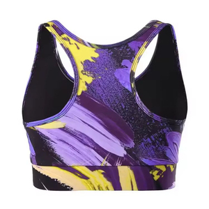 สปอร์ตบราสำหรับผู้หญิง แบบ Racerback สีม่วงพิมพ์ลายสีเหลือง ระบายอากาศได้ดี รองรับระดับปานกลาง เสื้อโยคะ ผ้ายืดสแปนเด็กซ์ โพลีเอสเตอร์ คอกลม บราออกกำลังกาย - Product Image 1