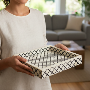 Luxury Bone Inlay Serving Tray | Elegant Black White Geometric Decorative Tray | Handmade <b>Coffee</b> <b>Table</b> Organizer with Handles - Product Image 3